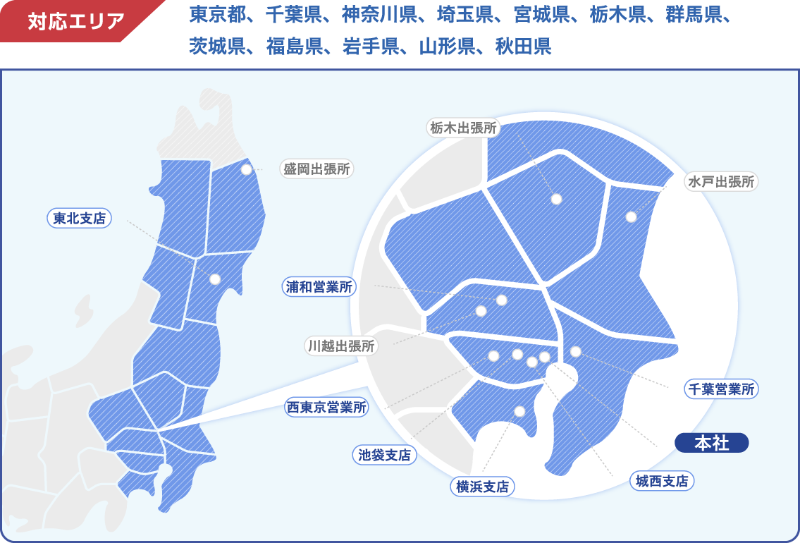 対応エリア　東京都、千葉県、神奈川県、埼玉県、宮城県、栃木県、群馬県、茨城県、福島県、岩手県、山形県、秋田県 東北支店 盛岡出張所 浦和営業所 川越出張所 西東京営業所 池袋支店 横浜支店 栃木出張所 水戸出張所 千葉営業所 城西支店 本社