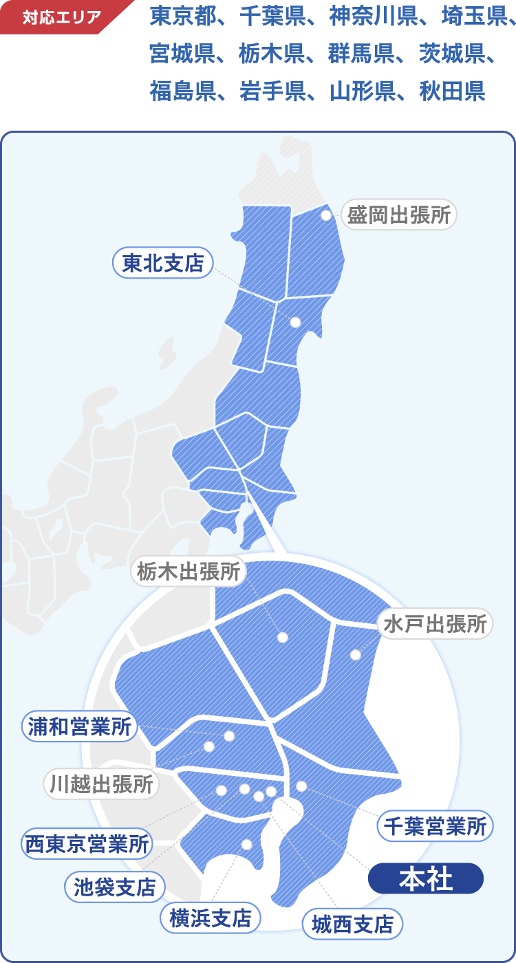 対応エリア　東京都、千葉県、神奈川県、埼玉県、宮城県、栃木県、群馬県、茨城県、福島県、岩手県、山形県、秋田県 東北支店 盛岡出張所 浦和営業所 川越出張所 西東京営業所 池袋支店 横浜支店 栃木出張所 水戸出張所 千葉営業所 城西支店 本社